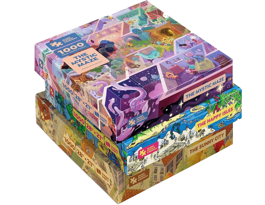 A stack of puzzles manufactured by Ad Magic for the Magic Puzzle Company