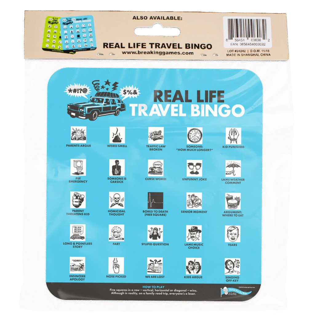 A plastic pouch containing the game Real Life Travel Bingo: Board Game manufactured by Ad Magic