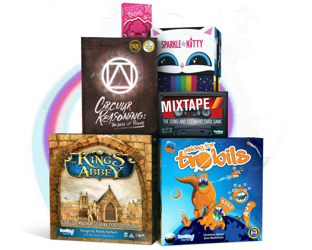 A stack containing boxes of games manufactured by Ad Magic