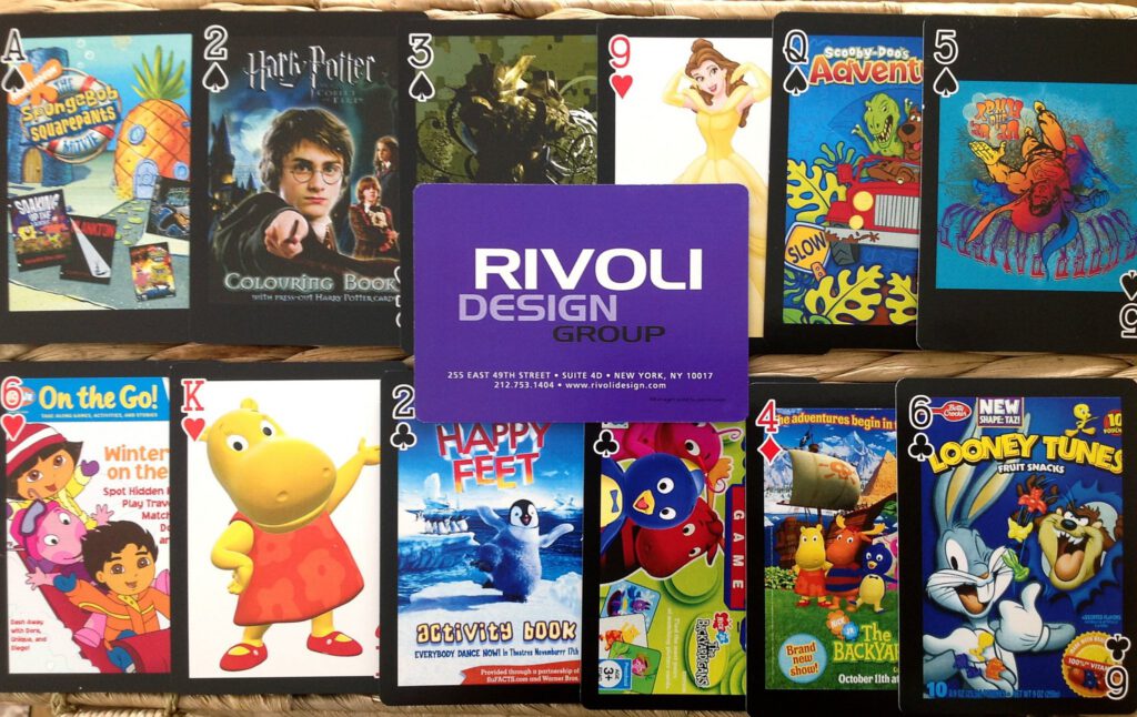 Custom promotional playing cards in full color, manufactured for Rivoli Design Group by Ad Magic