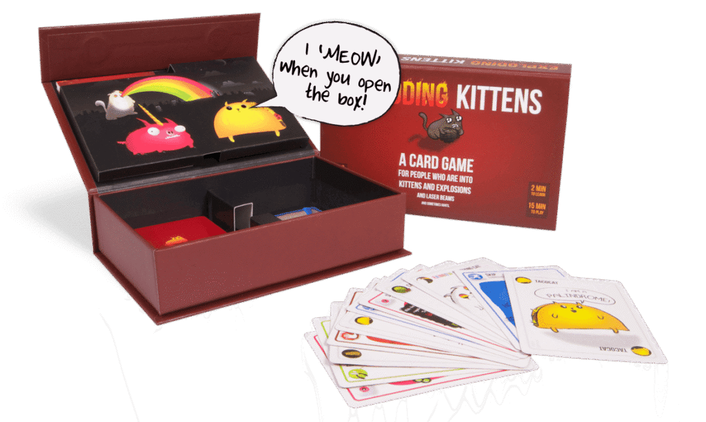 A custom magnetic flip-lid box manufactured for Exploding Kittens by Ad Magic