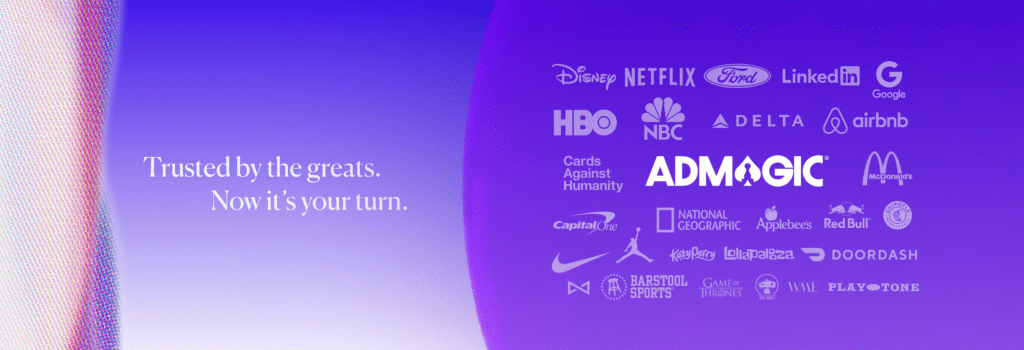 An image showing clients Ad Magic has worked with: Disney, Netflix, Ford, LinkedIn, Google, HBO, NBC, and more.